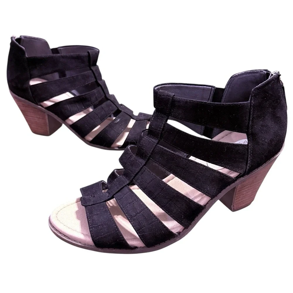 Dr. Scholl's Chaser Black Strappy Sandals 9.5M Block Heel‎ Comfort Zip